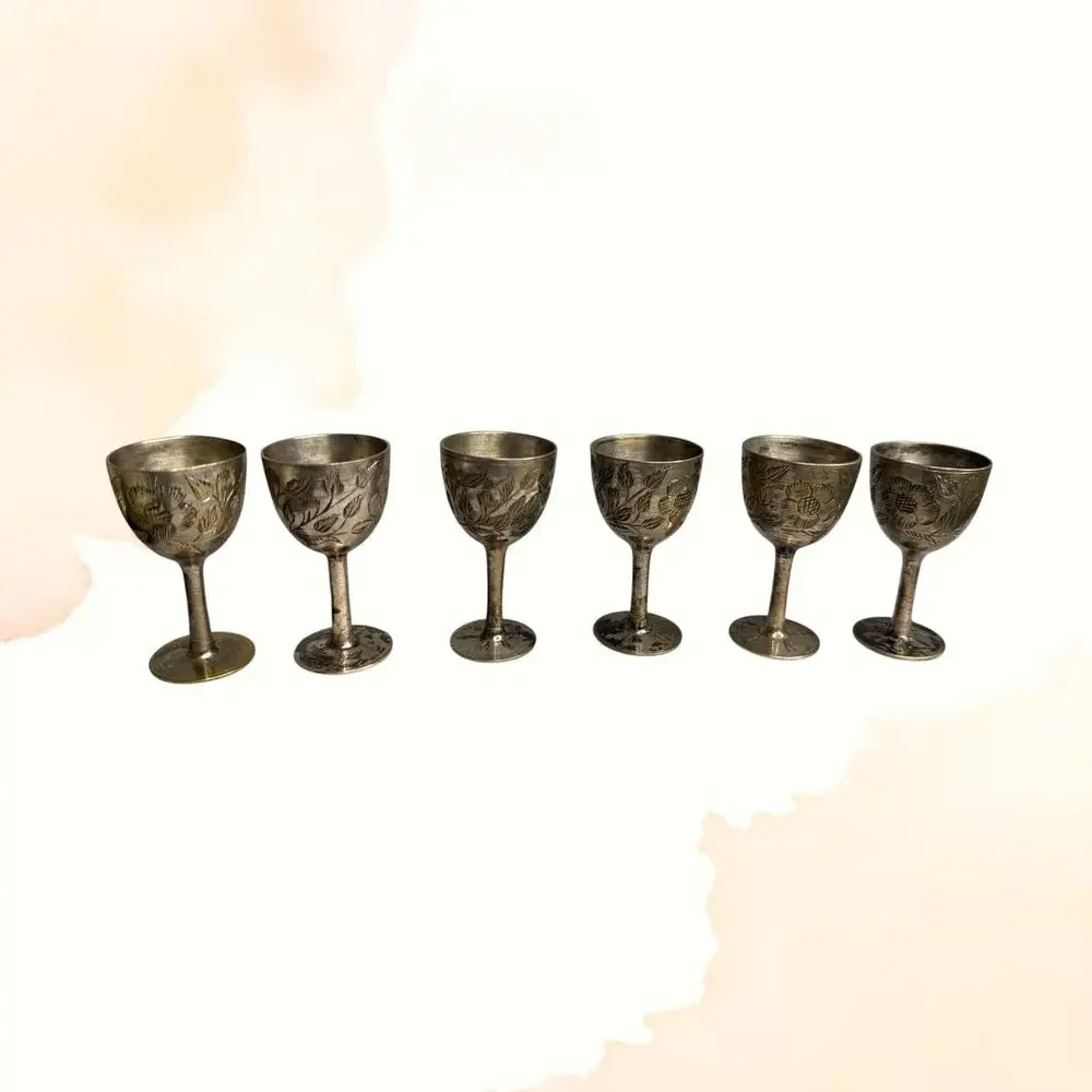 Vintage India Silver Plated Brass Cordial Goblets Set 6 Floral Boho Barware